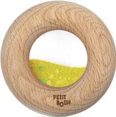 Drewniana grzechotka sensoryczna w kształcie okręgu z żółtym piaskiem dla niemowląt 6m+. Petit Boum Drewniana zabawka sensoryczna do rączki Donut Calm Żółty 6m+