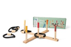 Gra zręcznościowa rzut obręczą do celu z drewnianą podstawą i kolorowymi słupkami oraz obręczami dla dzieci. BS Toys Gra zręcznościowa Rzut obręczą do celu