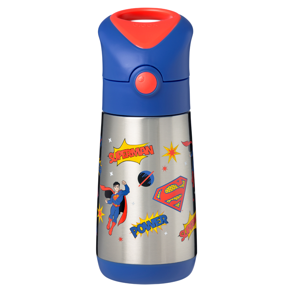 Bidon termiczny 350 ml stalowy z niebieską nakrętką i motywem supermana dla dziecka. b.box Superman by Bidon termiczny 350ml