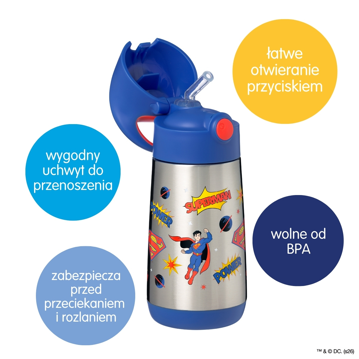 Termiczny bidon 350 ml z motywem Supermana z wygodnym uchwytem i słomką dla dziecka. b.box Superman by Bidon termiczny 350ml