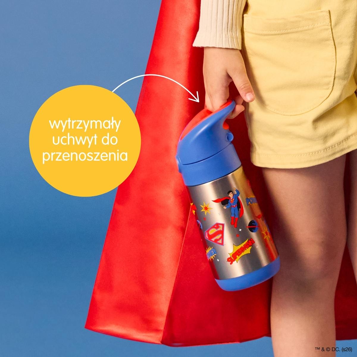 Termiczny bidon dla dziecka 350 ml z motywem supermana niebieska nakrętka i uchwyt. b.box Superman by Bidon termiczny 350ml