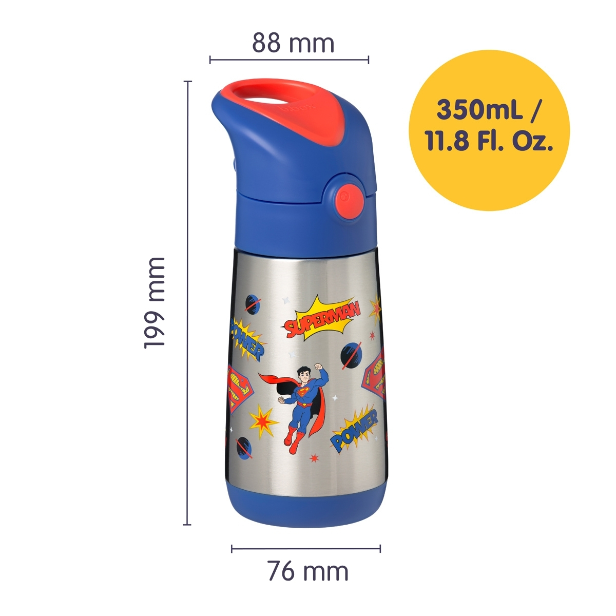 Bidon termiczny 350 ml stalowy z niebieską nakrętką i motywem supermana dla dziecka. b.box Superman by Bidon termiczny 350ml