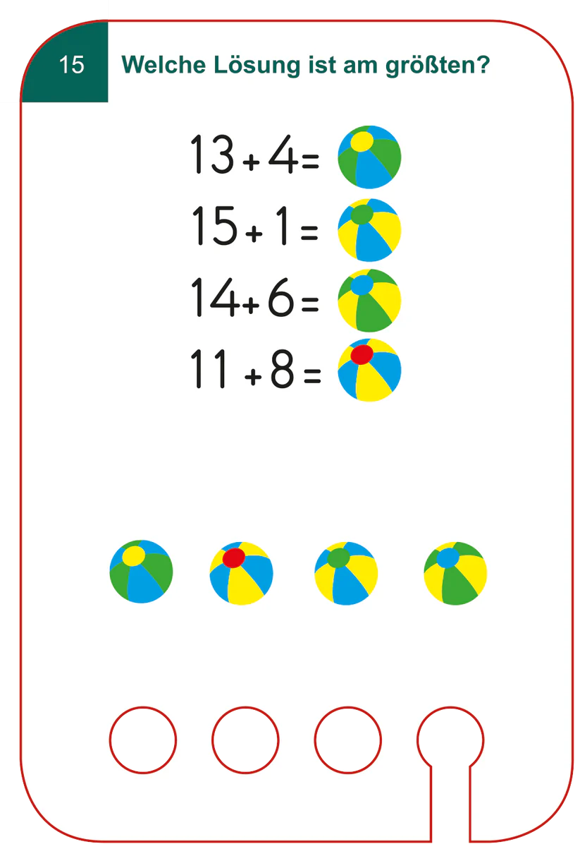 Karta edukacyjna do nauki matematyki z zadaniami dodawania i kolorowymi ilustracjami dla dzieci 6 plus. Kölner Lernspiele Matematyka Ćwiczenia Karty WiemTo dla dzieci 6 +
