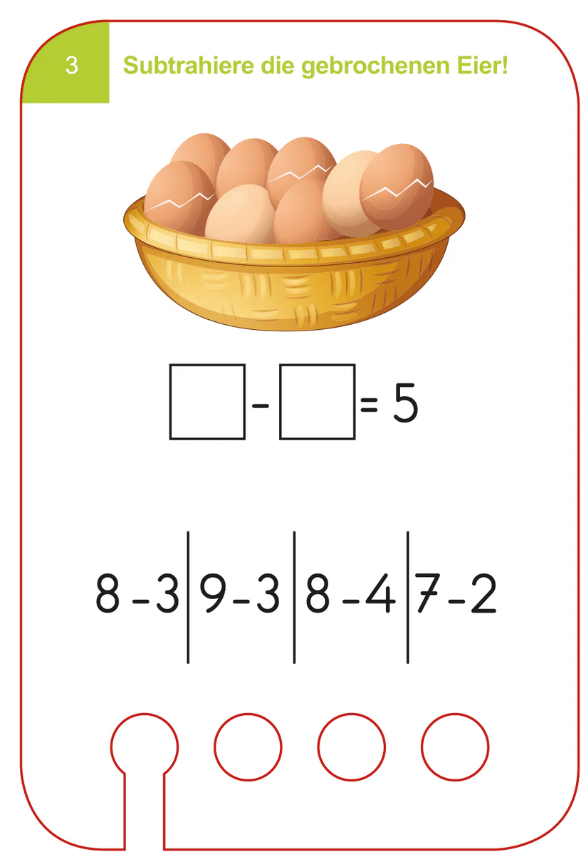 Karta do gry edukacyjnej z ilustracją koszyka z jajkami i zadaniem matematycznym dla dzieci 6+. Kölner Lernspiele Ćwiczenia z Liczenia Karty WiemTo dla dzieci 6+