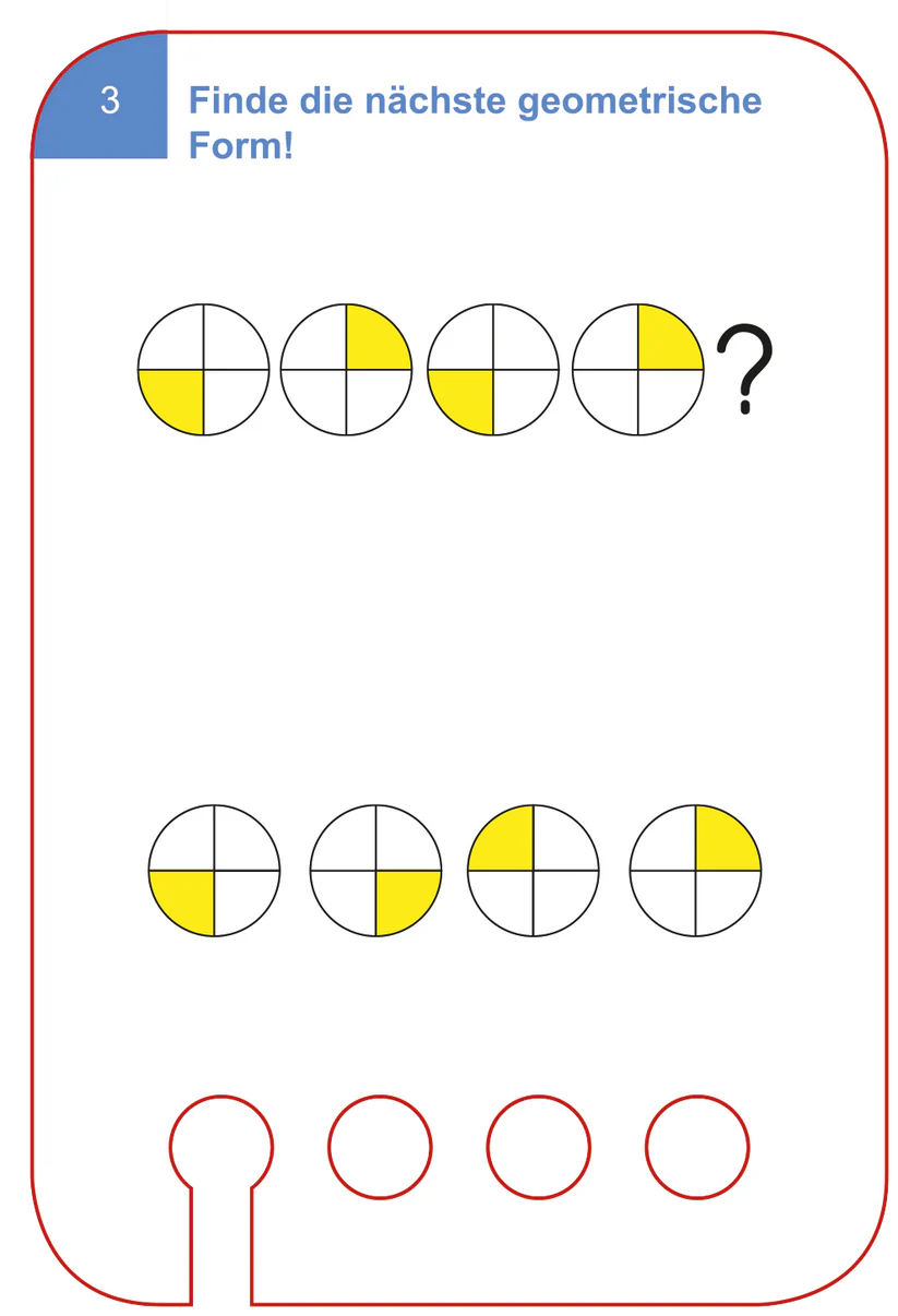 Karta edukacyjna z zadaniem matematycznym do rozpoznawania kolejności figur geometrycznych z żółtymi i białymi częściami dla dzieci. Kölner Lernspiele Umiejętności Matematyczne Karty WiemTo