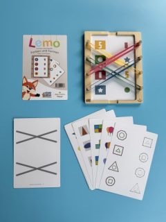 Karty edukacyjne do nauki kolorów i kształtów dla dzieci z elementami do łączenia kolorowych gumek. Kölner Lernspiele Kolory i Kształty Karty Edukacyjne Lemo