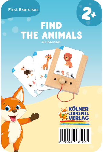 Karty do nauki rozpoznawania zwierząt dla dzieci 2+ z ilustracjami zwierząt i drewnianą ramką do wskazywania. Kölner Lernspiele Rozpoznawanie Zwierząt Karty WiemTo dla dzieci 2+