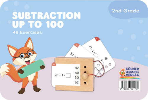 Karty do nauki odejmowania do 100 z ilustracją lisa dla dzieci w wieku drugiej klasy szkoły podstawowej. Kölner Lernspiele Odejmowanie w Zakresie 100 Karty WiemTo