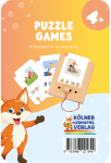 Drewniana gra edukacyjna puzzle do dopasowywania elementów karty dla dzieci powyżej 4 lat z ilustracjami zwierząt i postaci. Kölner Lernspiele Puzzle Dopasuj Element Karty WiemTo dla dzieci 4+