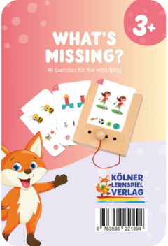 Drewniana gra edukacyjna dla dzieci 3 plus z kartami do ćwiczeń spostrzegawczości i logicznego myślenia z motywem zwierząt i przedmiotów. Kölner Lernspiele Czego Brakuje Karty WiemTo dla dzieci 3+