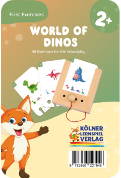 Karty do nauki rozpoznawania dinozaurów dla dzieci 2 plus z drewnianą tablicą i ilustracją lisa. Kölner Lernspiele Rozpoznawanie Dinozaurów Karty WiemTo dla dzieci 2+