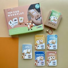 Zestaw edukacyjny dla dzieci 3-4 lat z kartami do nauki i pudełkiem w kolorze zielonym i brązowym z motywem zwierząt do gry logicznej. Kölner Lernspiele WiemTo Zestaw dla dzieci 3-4 lat Pudełko WiemTo i 6 Zestawów Kart