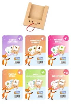 Drewniana podstawka i sześć zestawów kart edukacyjnych dla dzieci 4+ z ilustracjami zwierząt i kształtów. Kölner Lernspiele WiemTo Zestaw dla dzieci 4+ Pudełko WiemTo i 6 Zestawów Kart