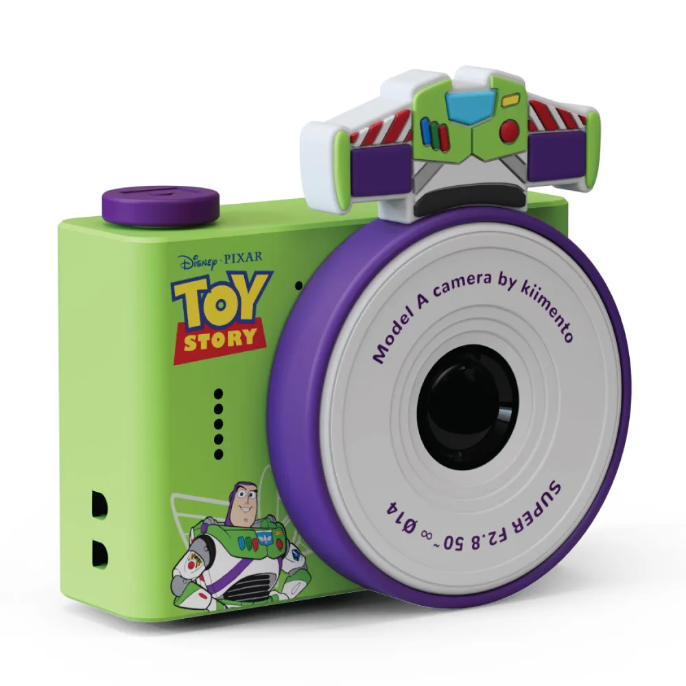 Zielony aparat fotograficzny dla dzieci z motywem Buzz Astral z Toy Story z fioletowym obiektywem. Kiimento Aparat Mini dla Dzieci Buzz Astral z Toy Story