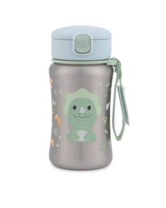 Termiczny bidon dla dziecka srebrny z zielonym dinozaurem i niebieską nakrętką z uchwytem na rękę. Skip Hop Bidon dla Dziecka Termiczny Dinozaur 350ml Besties Squad 350 ml