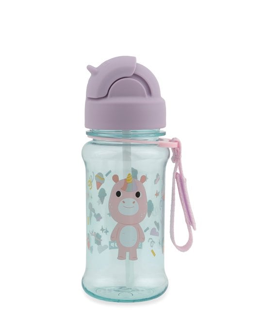 Bidon dla dziecka z motywem jednorożca przezroczysty z fioletową nakrętką i różowym uchwytem. Skip Hop Bidon dla Dziecka Tritanowy Jednorożec 350ml Besties Squ 350 ml
