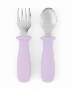 Sztućce dla dzieci widelec i łyżeczka z fioletowymi plastikowymi rączkami. Skip Hop Sztućce dla Dzieci Widelec i Łyżeczka Purple Besties Squ