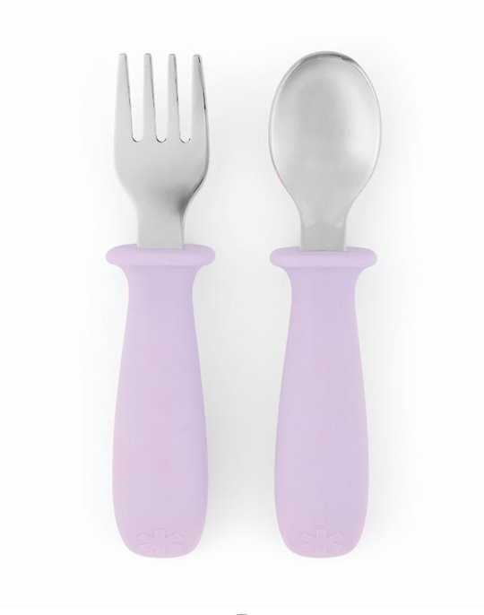Sztućce dla dzieci widelec i łyżeczka z fioletowymi plastikowymi rączkami. Skip Hop Sztućce dla Dzieci Widelec i Łyżeczka Purple Besties Squ