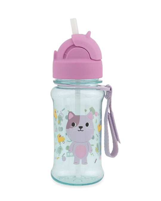 Bidon dla dziecka z tritanem przezroczysty z różową zakrętką i motywem kota oraz paskiem do noszenia. Skip Hop Bidon dla Dziecka Tritanowy Kot 350ml Besties Squad 350 ml