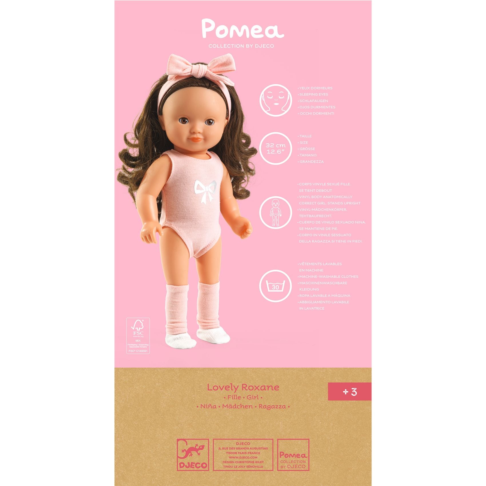 Lalka bobas z ciemnymi włosami w różowym ubranku dla dziecka powyżej 3 lat. Djeco Lalka Roxane 32cm KOLEKCJA LOVELY POMEA