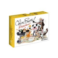 Gra karciana z ilustracją psa i innych zwierząt w pudełku żółtym. Moulin Roty Gra karciana Prezes CHIEN POURRI