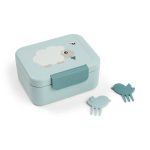 Niebieska śniadaniówka dla dziecka z motywem owcy z dwoma małymi niebieskimi widelczykami w kształcie zwierzątek. Done by Deer Lunchbox dla Dziecka z Widelczykami Tiny Farm Blue