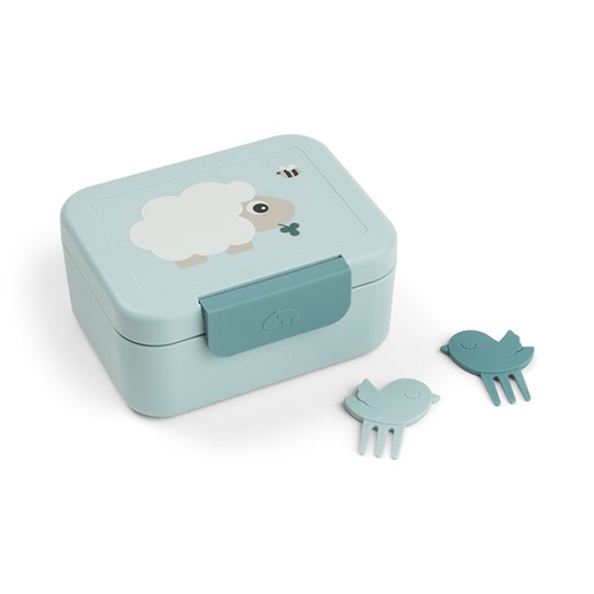Niebieska śniadaniówka dla dziecka z motywem owcy z dwoma małymi niebieskimi widelczykami w kształcie zwierzątek. Done by Deer Lunchbox dla Dziecka z Widelczykami Tiny Farm Blue