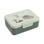 Zielona śniadaniówka dla dziecka z nadrukiem zwierząt i podziałką na jedzenie. Done by Deer Lunchbox dla Dziecka z Podziałką Tiny Trails Green