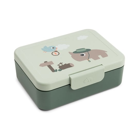 Zielona śniadaniówka dla dziecka z nadrukiem zwierząt i podziałką na jedzenie. Done by Deer Lunchbox dla Dziecka z Podziałką Tiny Trails Green