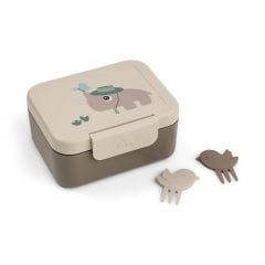 Śniadaniówka dla dziecka w kolorze beżowym z rysunkiem zwierzątka i dwoma widelczykami. Done by Deer Lunchbox dla Dziecka z Widelczykami Tiny Trails Sand