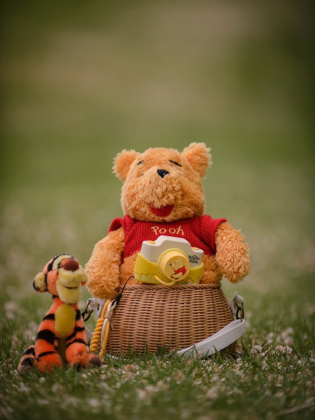 Aparat fotograficzny dla dzieci z dotykowym ekranem w kształcie misia Kubuś Puchatek z czerwonym ubrankiem i żółtym paskiem obok pluszowy tygrysek na trawie. Kiimento Aparat dla Dzieci z Dotykowym Ekranem Kubuś Puchatek Disney