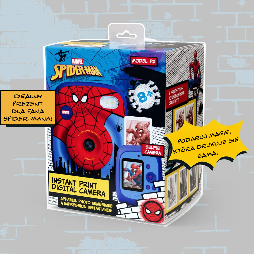 Aparat natychmiastowy z drukarką Spider-Man Marvel kolor czerwono-niebieski dla fana Spider-Mana. Kiimento Aparat Natychmiastowy Print Pro z Drukarką Spider-Man Marvel