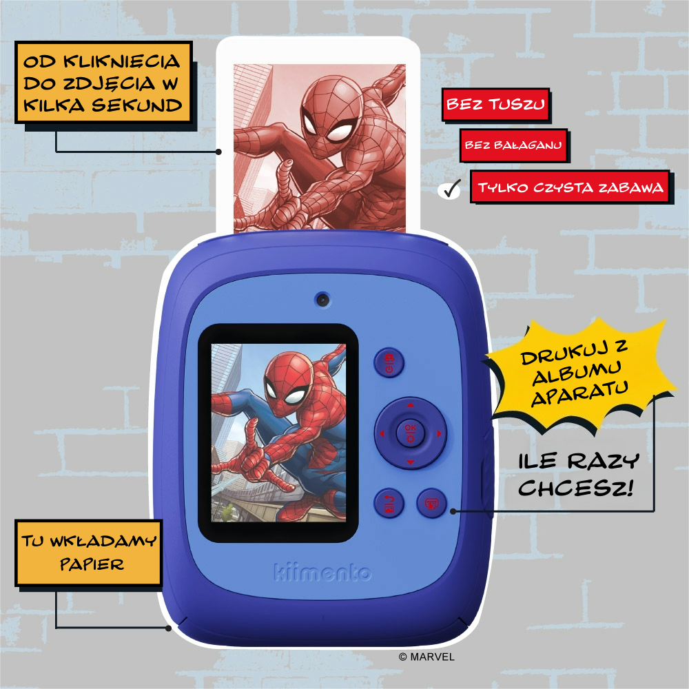 Niebieski aparat natychmiastowy dla dzieci z motywem Spider-Man Marvel z wbudowaną drukarką zdjęć. Kiimento Aparat Natychmiastowy Print Pro z Drukarką Spider-Man Marvel