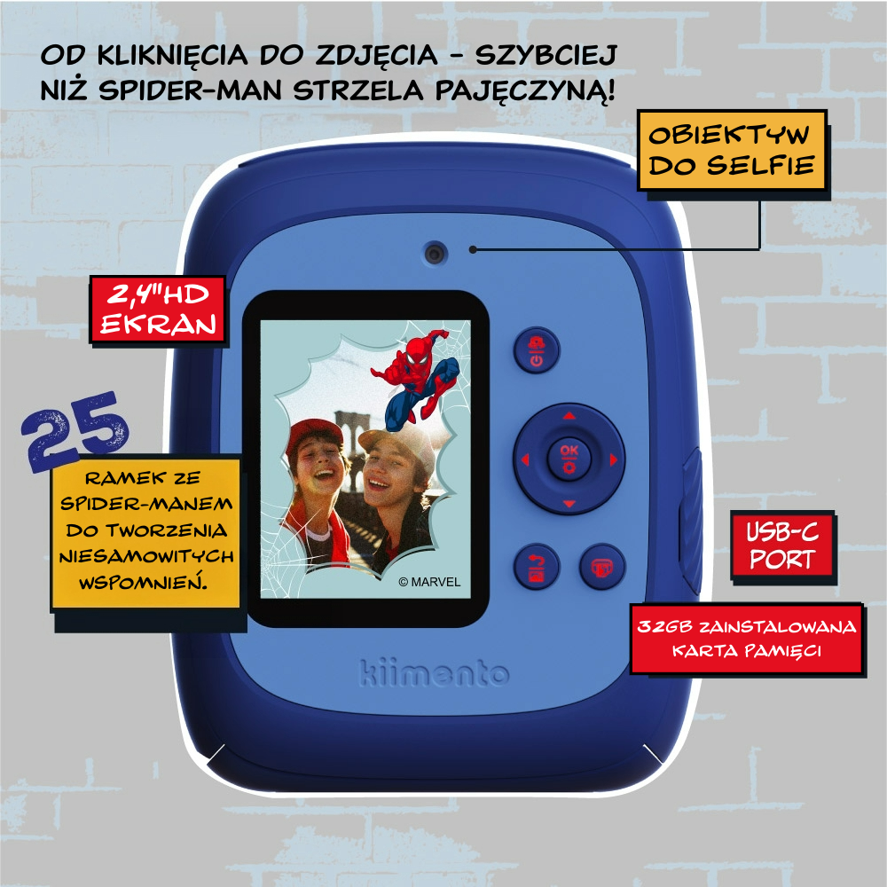Niebieski aparat natychmiastowy z motywem Spider-Man z ekranem i przyciskami do selfie dla dzieci. Kiimento Aparat Natychmiastowy Print Pro z Drukarką Spider-Man Marvel