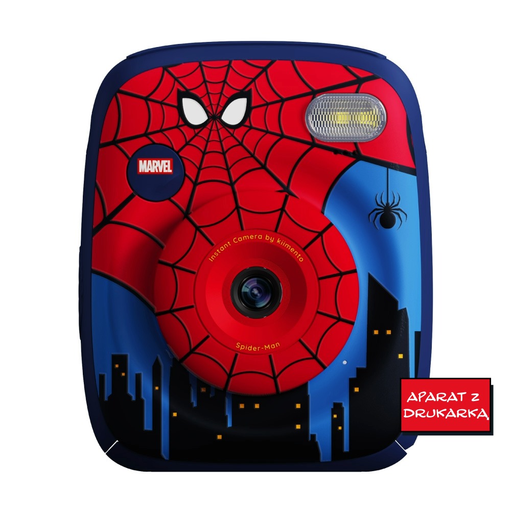 Aparat natychmiastowy z motywem Spider-Man czerwono-niebieski z nadrukiem pajęczyny i pająka dla dzieci. Kiimento Aparat Natychmiastowy Print Pro z Drukarką Spider-Man Marvel