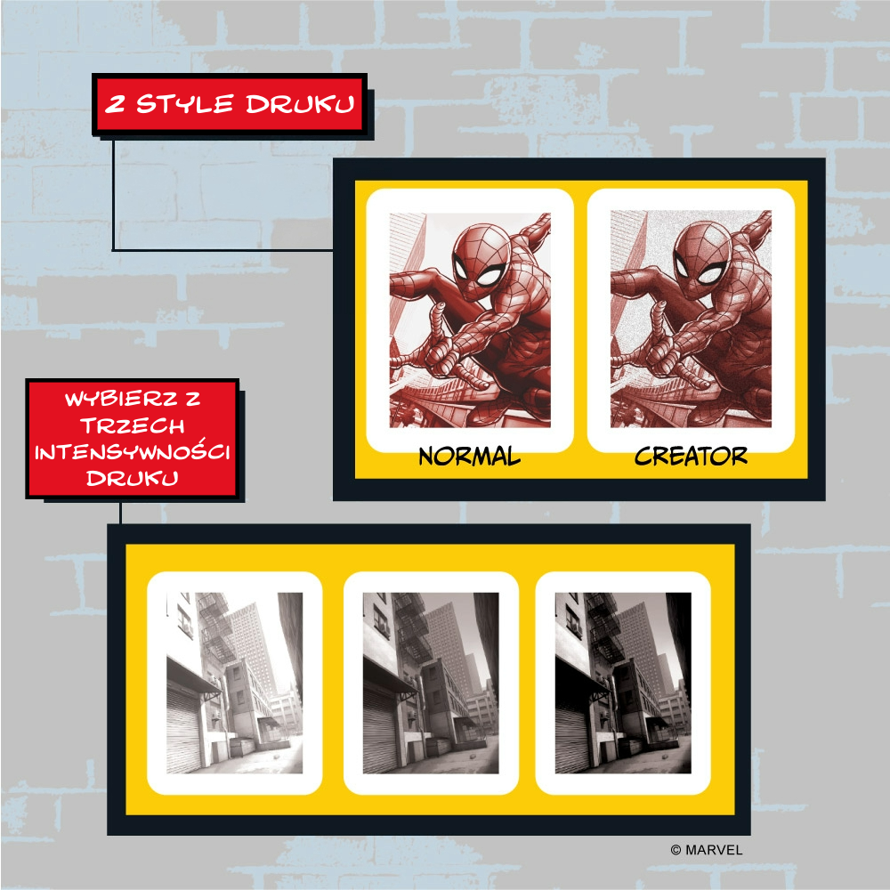 Aparat natychmiastowy z drukarką w kolorze czarnym z motywem Spider-Man Marvel do drukowania zdjęć w dwóch stylach i trzech intensywnościach druku. Kiimento Aparat Natychmiastowy Print Pro z Drukarką Spider-Man Marvel