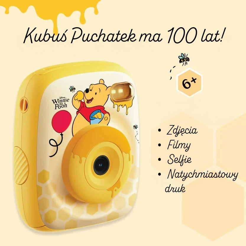 Aparat natychmiastowy w żółtym kolorze z motywem Kubusia Puchatka dla dzieci powyżej 6 lat z funkcją natychmiastowego druku zdjęć. Kiimento Aparat Natychmiastowy Print Pro z Drukarką Kubuś Puchatek Disney