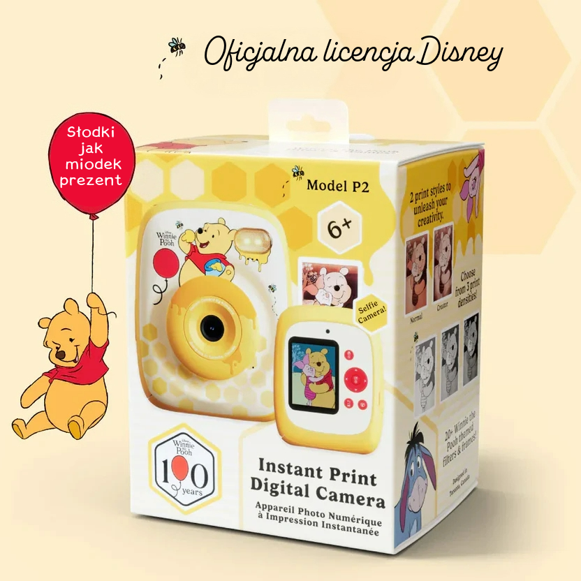 Aparat natychmiastowy dla dzieci w kolorze żółtym z motywem Kubusia Puchatka Disney. Kiimento Aparat Natychmiastowy Print Pro z Drukarką Kubuś Puchatek Disney