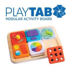 Drewniana tablica edukacyjna z kolorowymi elementami do zabawy zręcznościowej dla dzieci. Fat Brain Toy Co. Tablica PlayTab