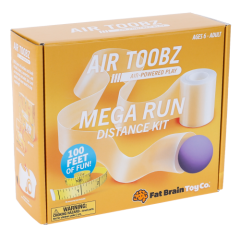 Żółte pudełko z zestawem do zabawy powietrzem mega tor dla dzieci od 6 lat. Fat Brain Toy Co. Nadmuchiwany Mega Tor do Dmuchawy Air Toobz