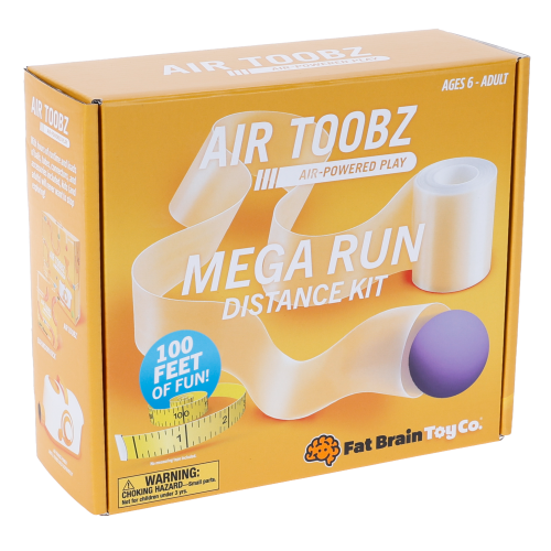 Żółte pudełko z zestawem do zabawy powietrzem mega tor dla dzieci od 6 lat. Fat Brain Toy Co. Nadmuchiwany Mega Tor do Dmuchawy Air Toobz