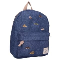 Plecak dziecięcy niebieski jeans z kolorowymi samochodami dla dziecka. Kidzroom Plecak dla dzieci Cars blue jeans