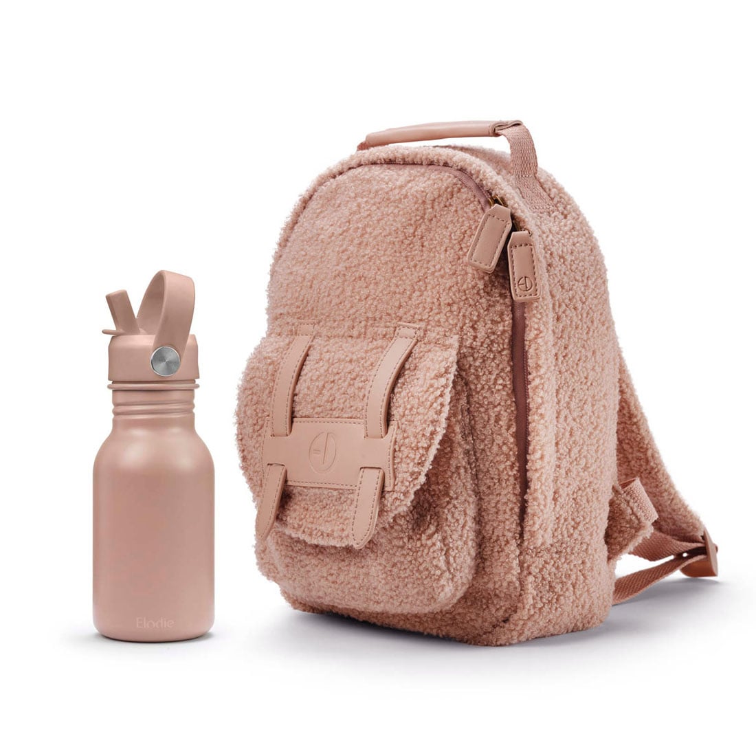 Różowy plecak dziecięcy z miękkiego materiału i butelka na wodę w kolorze różowym. Elodie Details Plecak BackPack MINI Blushing Pink +Butelka na wodę Blushing Pink ZESTAW