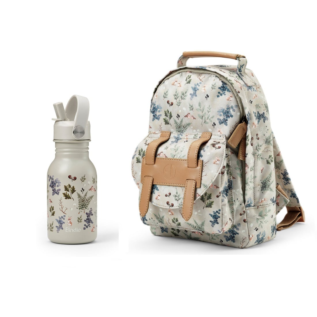 Plecak dziecięcy w kwiatowy wzór z butelką na wodę, beżowe i brązowe detale, dla dziecka. Elodie Details Plecak BackPack MINI Fairytale Forest +Butelka na wodę Fairytale Forest ZESTAW