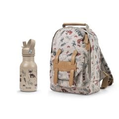 Plecak dziecięcy w leśny wzór i butelka na wodę z motywem zwierząt, beżowe dodatki, dla dziecka. Elodie Details Plecak BackPack MINI Nordic Woodland +Butelka na wodę Nordic Woodland ZESTAW