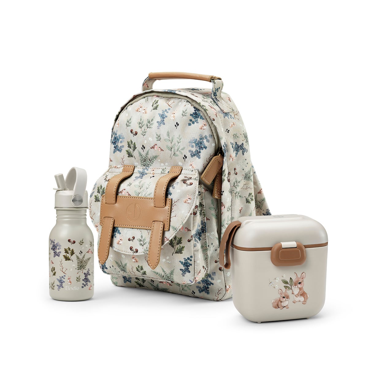 Plecak dziecięcy w kwiatowy wzór z butelką na wodę i lunchboxem, beżowe detale, motyw zajączka. Elodie Details Plecak BackPack MINI +Butelka na wodę Fairytale Forest +Lunchbox Bunny Darling ZESTAW