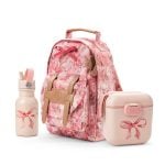 Różowy plecak dziecięcy w kwiatowy wzór z butelką na wodę i lunchboxem, z kokardkami, dla dziecka. Elodie Details Plecak BackPack MINI +Butelka na wodę +Lunchbox River Rose ZESTAW