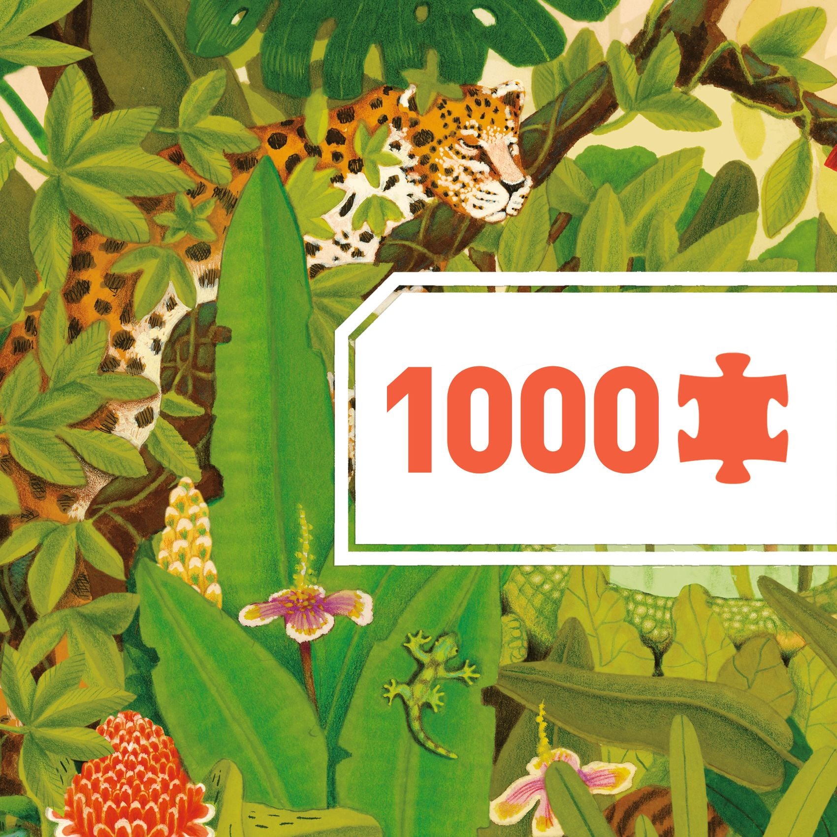 Puzzle 1000 elementów z motywem dżungli i zwierząt wśród zielonych liści. Djeco Puzzle gallery UKRYTE W NATURZE 1000 elem