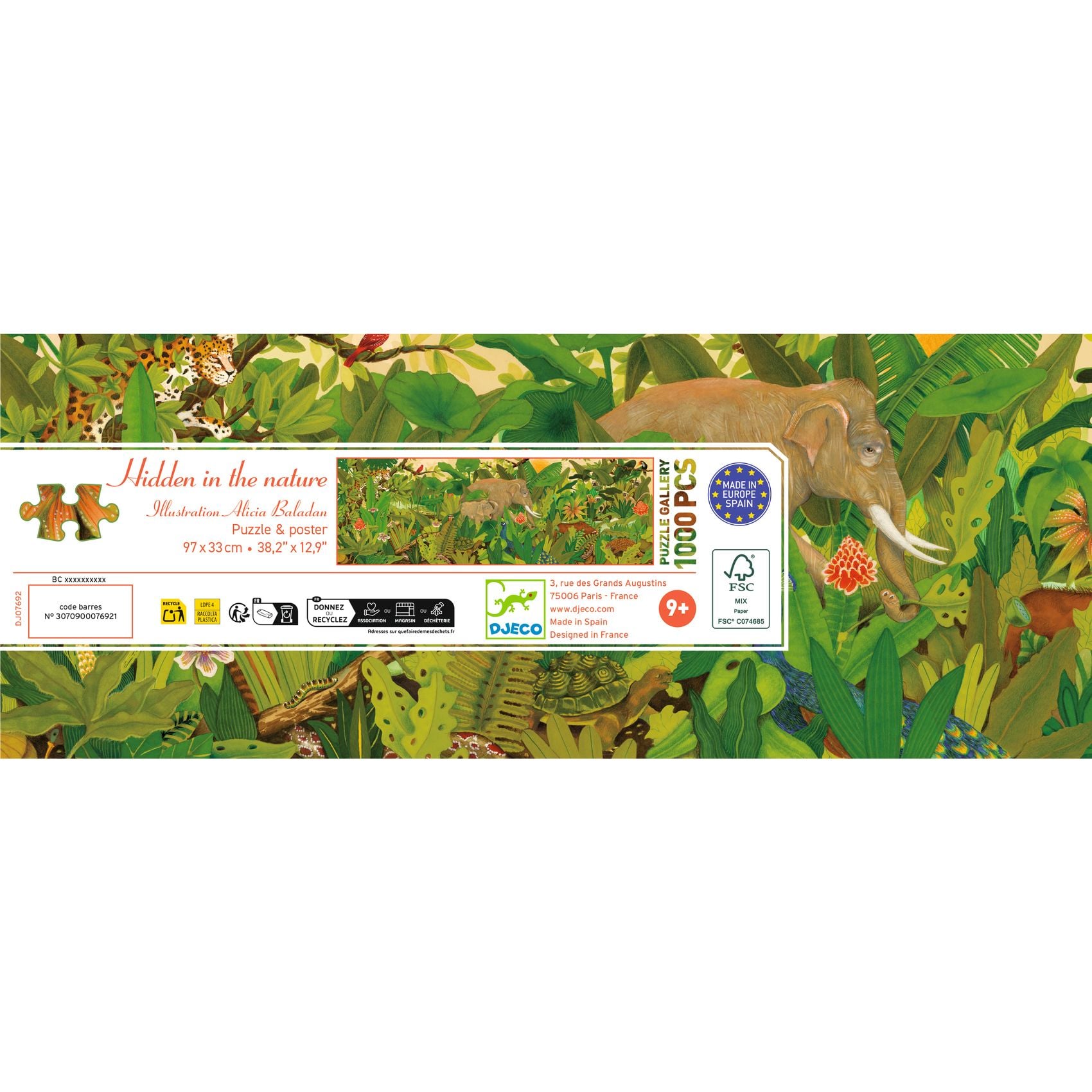 Puzzle 1000 elementów z ilustracją dżungli i zwierząt, dla dorosłych. Djeco Puzzle gallery UKRYTE W NATURZE 1000 elem