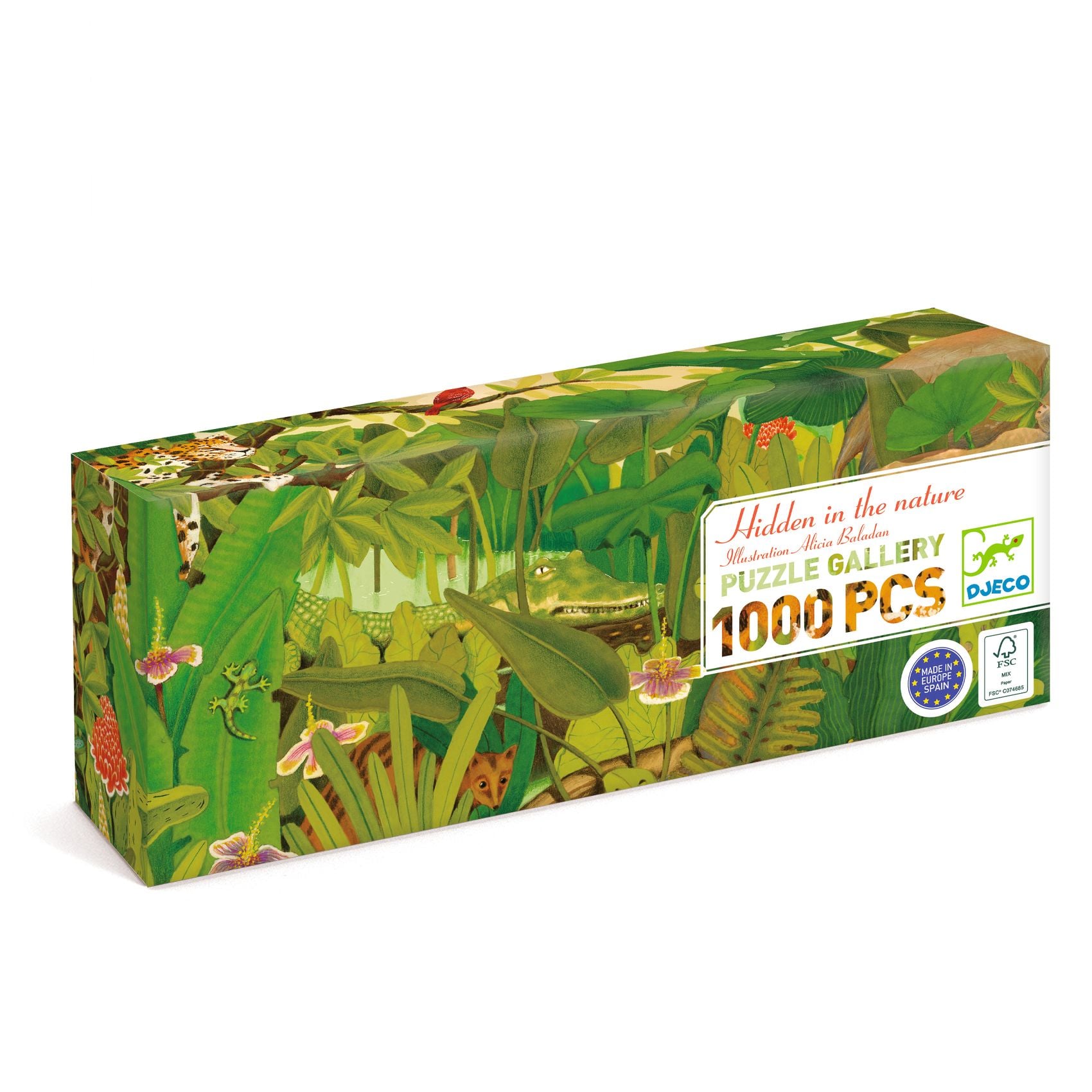 Pudełko z puzzlami 1000 elementów z motywem dżungli i ukrytych zwierząt. Djeco Puzzle gallery UKRYTE W NATURZE 1000 elem